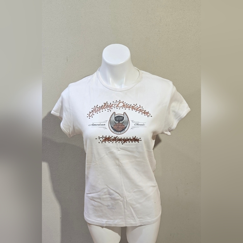 HARLEY-DAVIDSON White 105th Anniversary Studded Logo SHIRT TOP, Womens Large